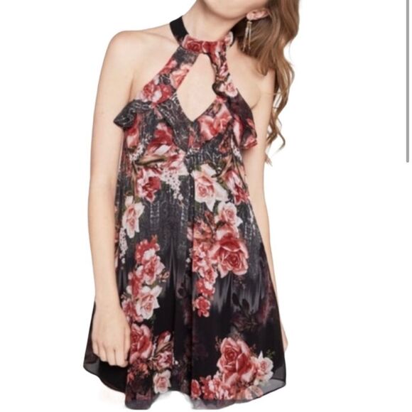 BCBGeneration Halter Dress Black Red Floral Ruffle - Picture 1 of 3